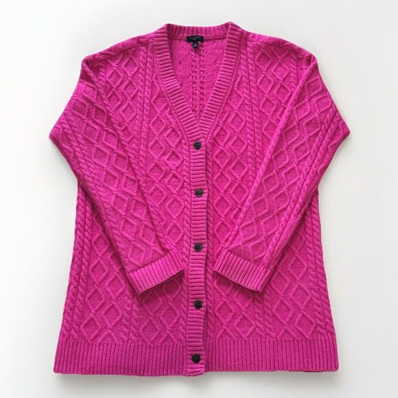 Talbots Boyfriend Cardigan Sweater Cable Knit Soft Winter Berry Pink S Petite - Picture 1 of 8